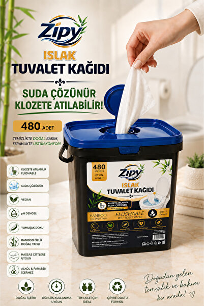 zipy Islak Tuvalet Kağıdı 480 Adetli Suda Çözünür Flushable Bambu özlü