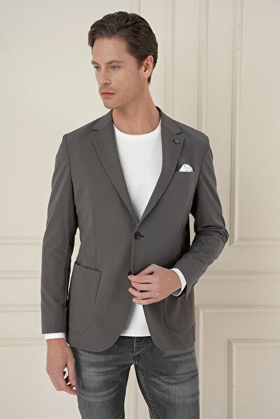 Efor Slim Fit Torba Cep Esnek Spandex Karışımlı Düz Koyu Haki Blazer Ceket C 696