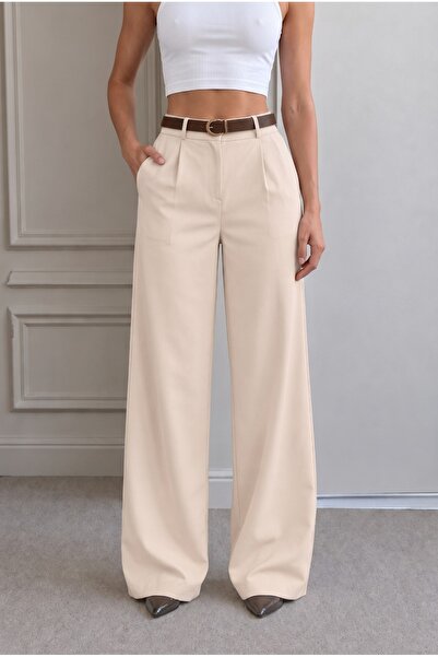 alanora Women's High Waist Belt Detailed Elastic Waist Loose Palazzo Fabric T...