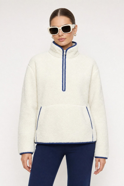 Grenj Fashion Beyaz Peluş Örme Spor Sweatshirt
