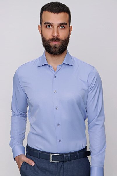 Efor Slim Fit Pamuk Saten Klasik Mavi Gömlek Gk 604
