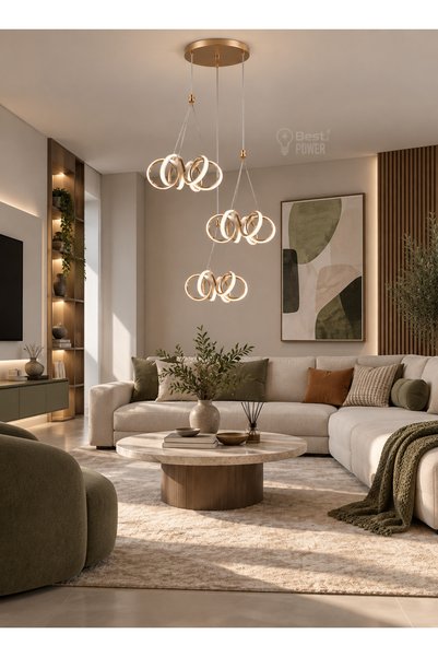 best power Gold Led Triple Interlocking Rings Pendant Chandelier Modern Multi...