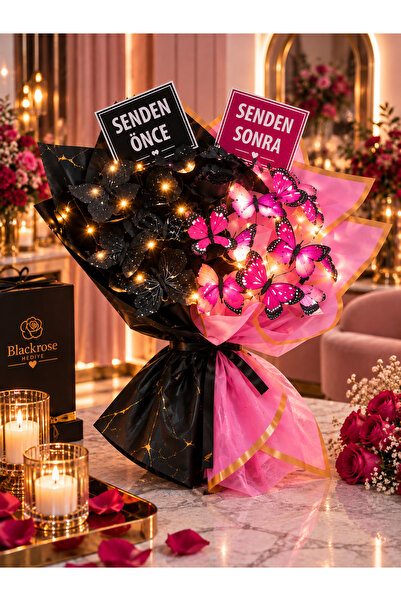 blackrosehediye Uzun Saplı Siyah Pembe LED Işıklı Senden Önce Senden Sonra Ke...