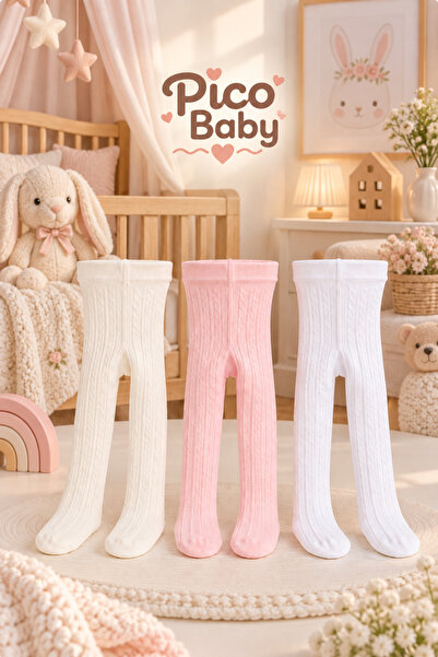 Pico Baby 3'lü Kız Bebek & Çocuk Pamuklu Külotlu Çorap Renkli Jakar Desenli
