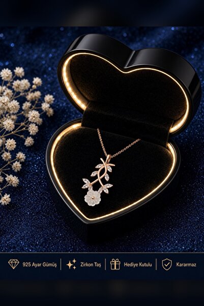 zamane saat 925 Ayar Gümüş Sarmaşık Manolya Çiçeği Rose Gold Kadın Kolye