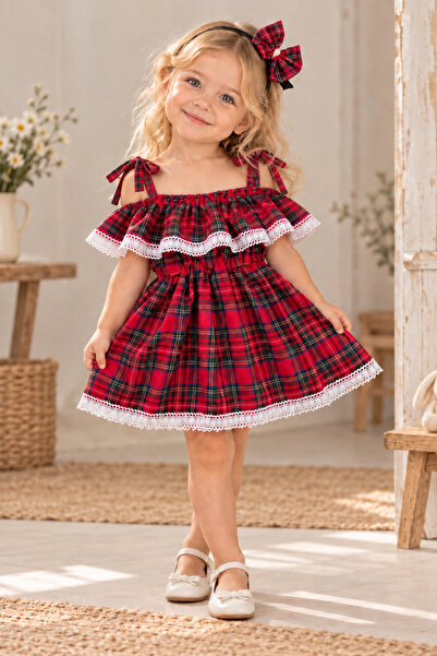 Moda Lina Kız Bebek Dantelli Kırmızı Ekose Salopet Bandana Set