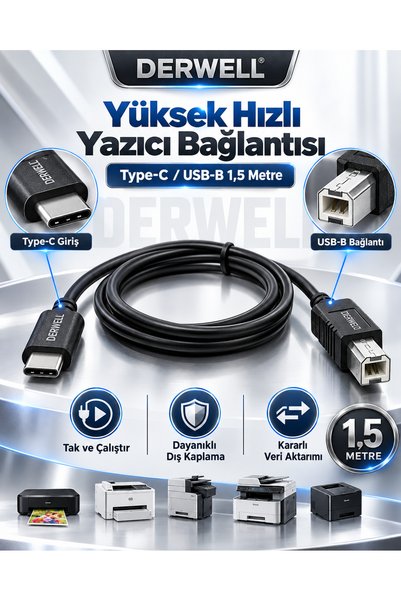 Derwell 1.5 Metre 1.5mt Type-C To Usb Printer Kablo Macbook Hp Canon Samsung Yazıcı Ara Kablosu Telefon Laptop Için Type-C To Usb-B Midi - Yazıcı Kablosu