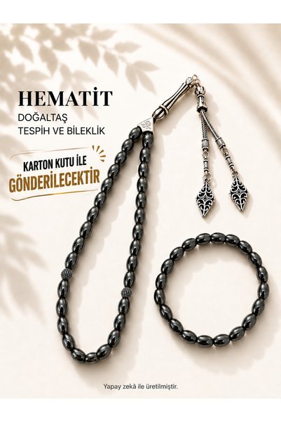 QELA COLLECTION Doğaltaş Arpa Kesim Hematit Erkek Tespih ve Bileklik Seti Şık...