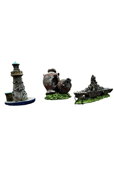 canlipetshop Mini Akvaryum Dekor Seti 3 Lü Set -Savaş Gemisi Anfora Deniz Feneri