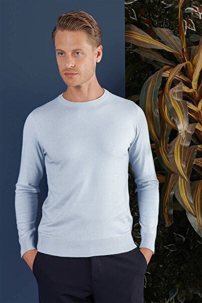 Efor Slim Fit Ribanalı Düz Mavi Yünlü Bisiklet Yaka Triko Kazak TR 858