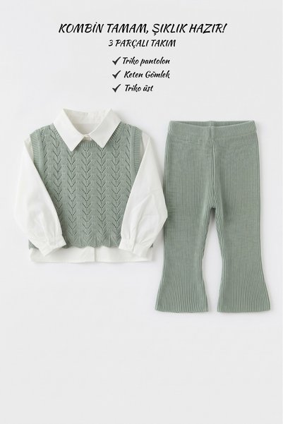 genybaby Stylish Baby Girl Knitwear Set – White Shirt, Knitted Sweater and Pants