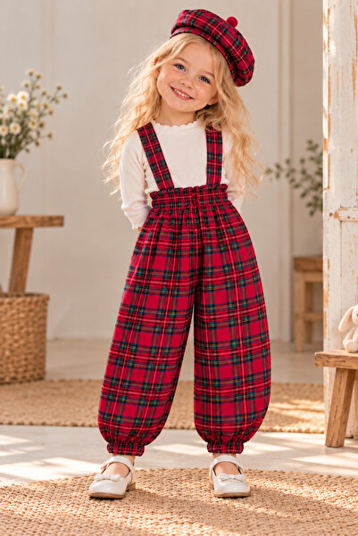 Moda Lina Baby Kız Çocuk Kırmızı Ekose Desenli Askılı Pantolon & Şapka Set
