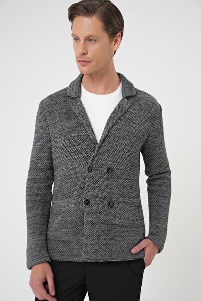 Efor Slim Fit Ceket Yaka Torba Cep Kruvaze Koyu Gri Yünlü Örme Triko Ceket 01