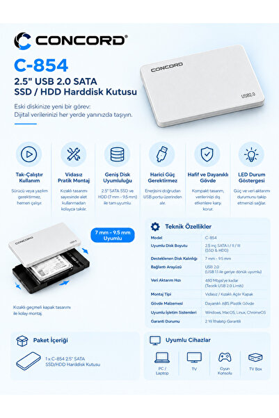 Concord C-854 2.5 Inch Usb 2.0 Sata Ssd/hdd Harddisk Kutusu