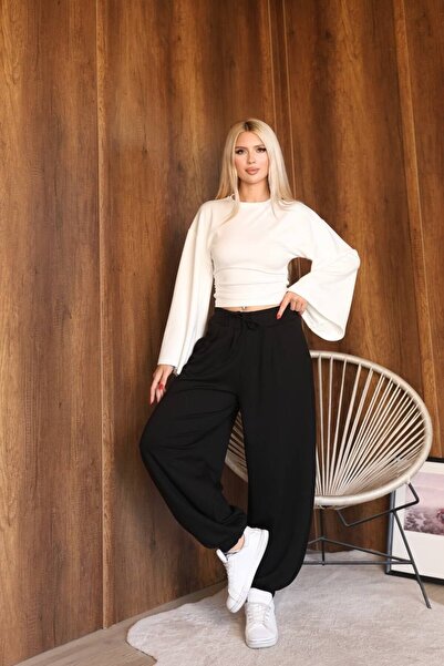 sahraozluk Modal Fabric Elastic Waist Shalwar Trousers Black Color