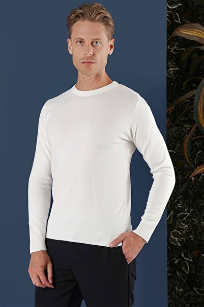 Efor Slim Fit Ribanalı Düz Ekru Yünlü Bisiklet Yaka Triko Kazak TR 858