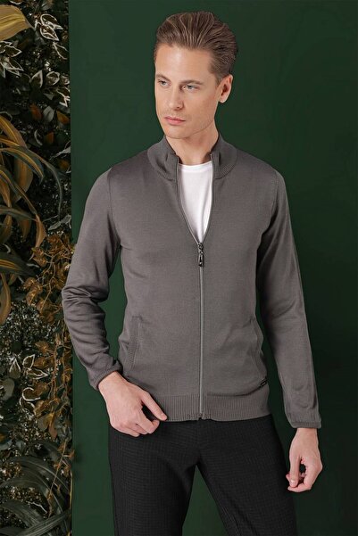 Efor Slim Fit Ribanalı Füme Yünlü Fermuarlı Hırka Triko Kazak TR 860