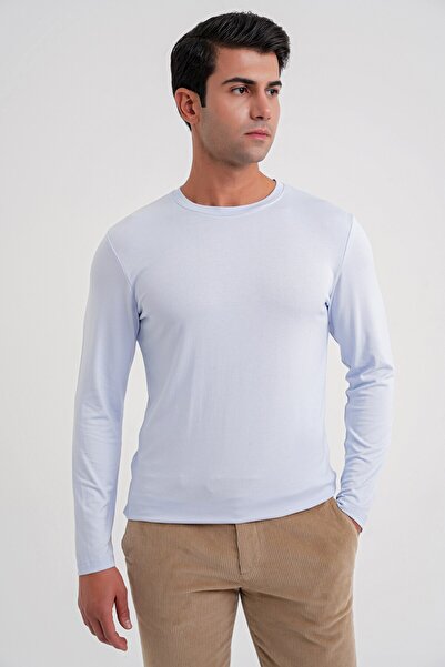 Efor Slim Fit Esnek Pamuklu Uzun Kollu Buz Mavi Tişört Ts 870