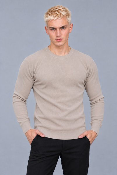 HK Premium Tekstil Erkek Fitilli Slim Fit Bisiklet Yaka Triko Kazak