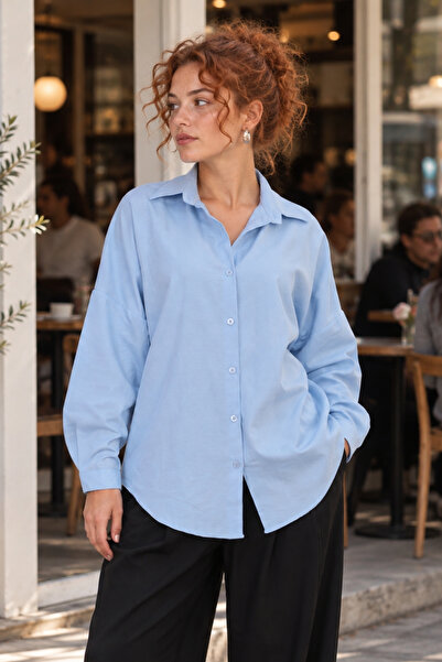 armonika Kadın Buzmavi Oversize Uzun Basic Gömlek ARM-22Y001118