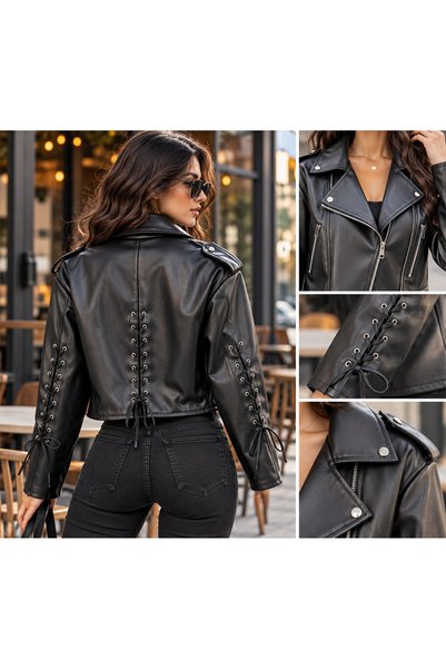 qeteen Kadın Siyah Korsaj Bağcık Detaylı Fermuarlı Biker Ceket