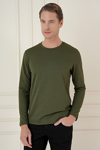 Efor Slim Fit Esnek Pamuklu Dokulu Uzun Kollu Haki Tişört TS 889