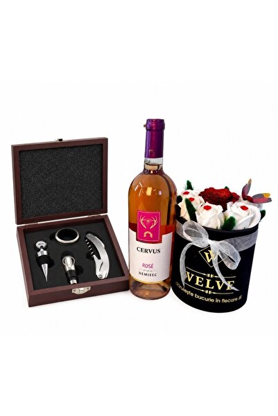 velve Set cadou VLV, unisex, 5 accesorii pentru sticla cu vin, aranjament flo...