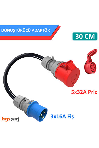 5x32A Prİz(Kapaklı), 3x16A Fiş Elektrikli Araç Şarj Kablosu Dönüştürücü Adaptör