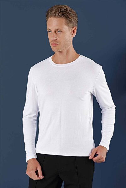 Efor Slim Fit Esnek Pamuklu Uzun Kollu Beyaz Tişört Ts 870