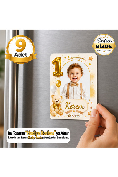 Hediye Baskıcı Ayıcık Temalı 1 Yaş Fotoğraflı Buzdolabı Magneti 6x9 cm – İsim...