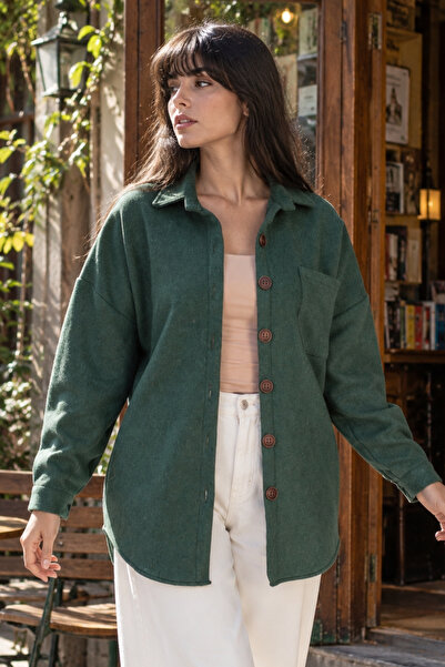 armonika Women's Emerald Oversize Stitched Pocket Shirt ARM-22Y001156