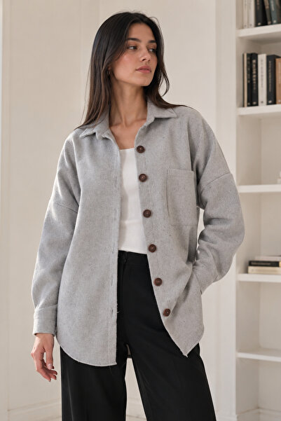 armonika Women's Gray Oversize Stitched Pocket Shirt Arm-22y001156