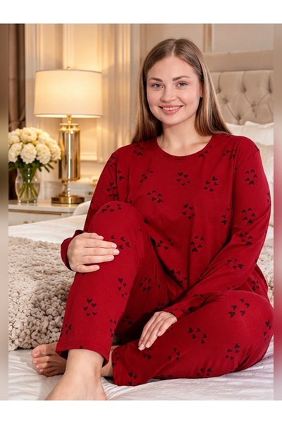 PİJAMOOD Kadın Battal Beden Baskılı Uzun Kollu Pamuklu   Pijama Takımı