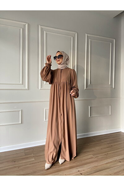 Berel Moda Roba Detailed Balloon Sleeves Flowing Ponch Ferace Camel