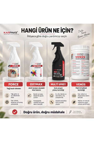 KARPAKS Profesyonel Halı ve Koltuk Temizlik Seti Venüs + Force + Multi Sprey + Oxymax Güçlü Leke Çıkarıcı Paket
