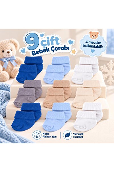Novibaby 9'lu Bambu Yenidoğan Bebek Çorap, Kız Erkek Çocuk Çorabı, Beyaz Ekru...