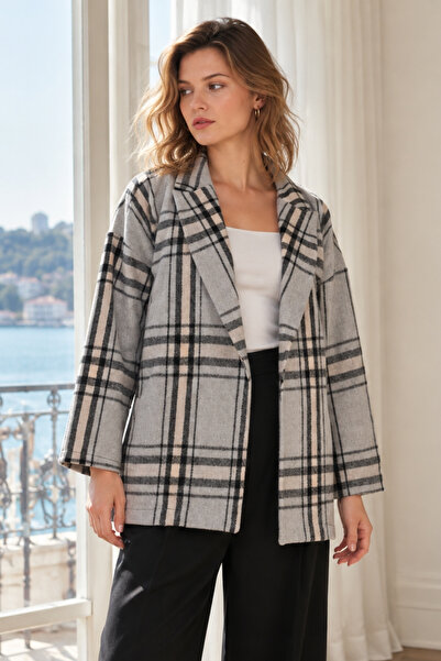 armonika Women's Gray Men's Collar Oversize Jacket with Slits on the Sides Ar...