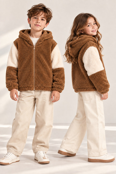 LUESS Unisex Çocuk Kahverengi Ekru Peluş Kapüşonlu Fermuarlı Mont / 4-12 Yaş