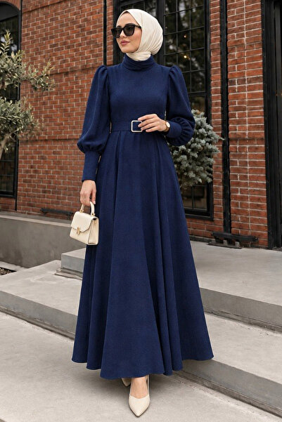 N.S NEVA STYLE Kemerli Omuz Detaylı Double Lacivert Tesettür Elbise 15602L