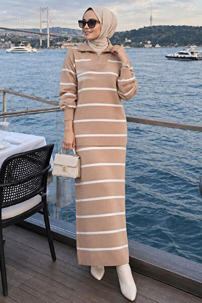N.S NEVA STYLE Striped Biscuit Hijab Knitwear Dress 17206Bs