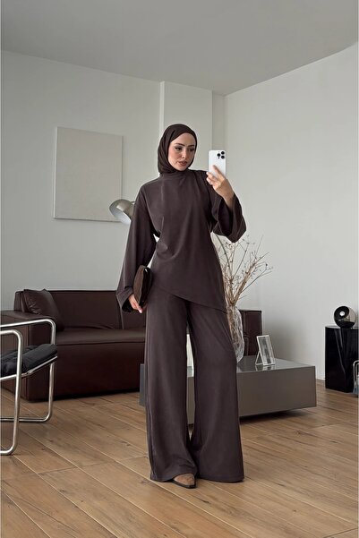 Moda Aydın Butik طقم بنطلون نسائي بحزام خلفي - بني