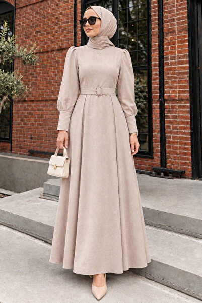 N.S NEVA STYLE Belted Shoulder Detailed Double Beige Hijab Dress 15602Bej