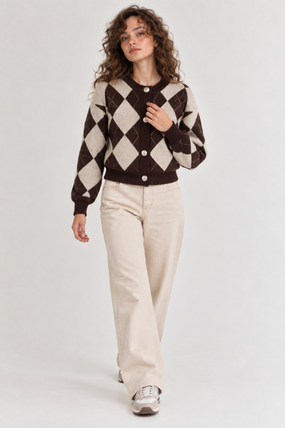 Lintersia Women's Brown-Cream Diamond Patterned Buttoned Knitwear Cardigan