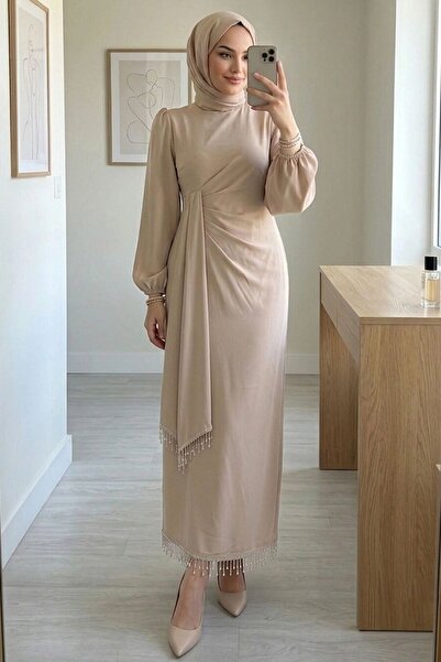 N.S NEVA STYLE Balloon Sleeve Beige Hijab Evening Dress 62251Bej