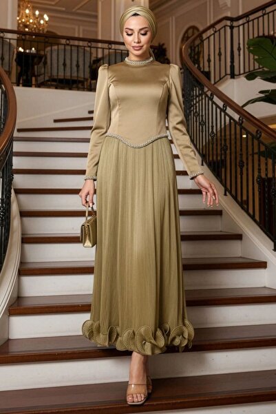 N.S NEVA STYLE Beaded Detailed Oil Green Hijab Evening Dress 54981Yy