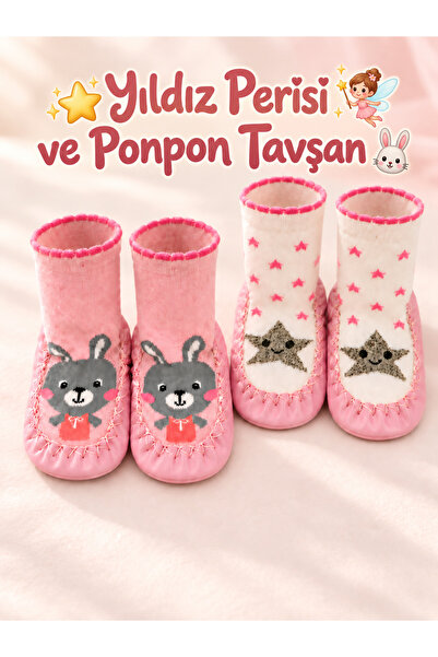 Bermody 2'li Kaydırmaz Deri Taban (Yıldız Perisi-Ponpon Tavşan) Rahat Bebek Ç...
