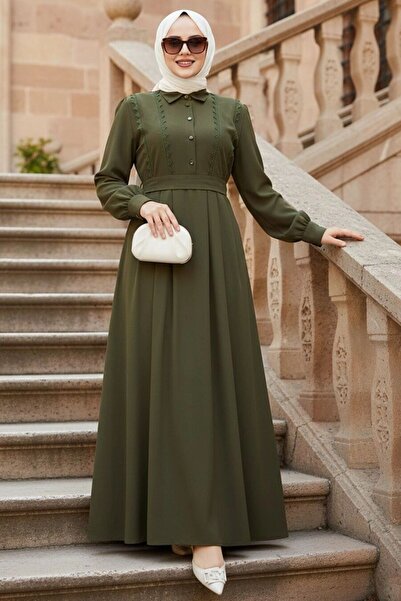 N.S NEVA STYLE Rochie kaki cu curea, stil Tesettür 10308HK