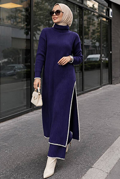 Neva Style Fitilli Lacivert Tesettür Triko İkili Takım 35971L