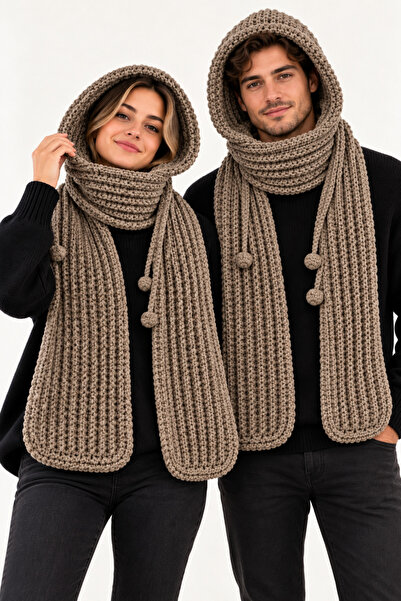 NEHOLİA unisex Kadın erkek Kapüşonlu Atkı Boyunluk El Örgüsü Uzun Kışlık Atkı...