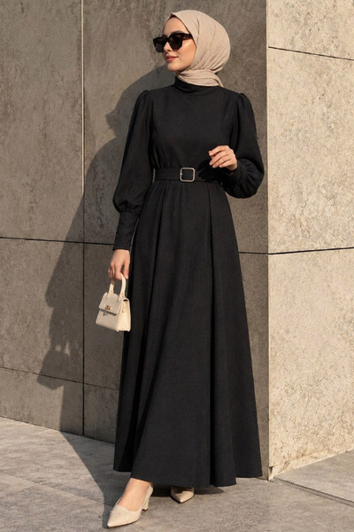 N.S NEVA STYLE Belted Shoulder Detailed Double Black Hijab Dress 15602S